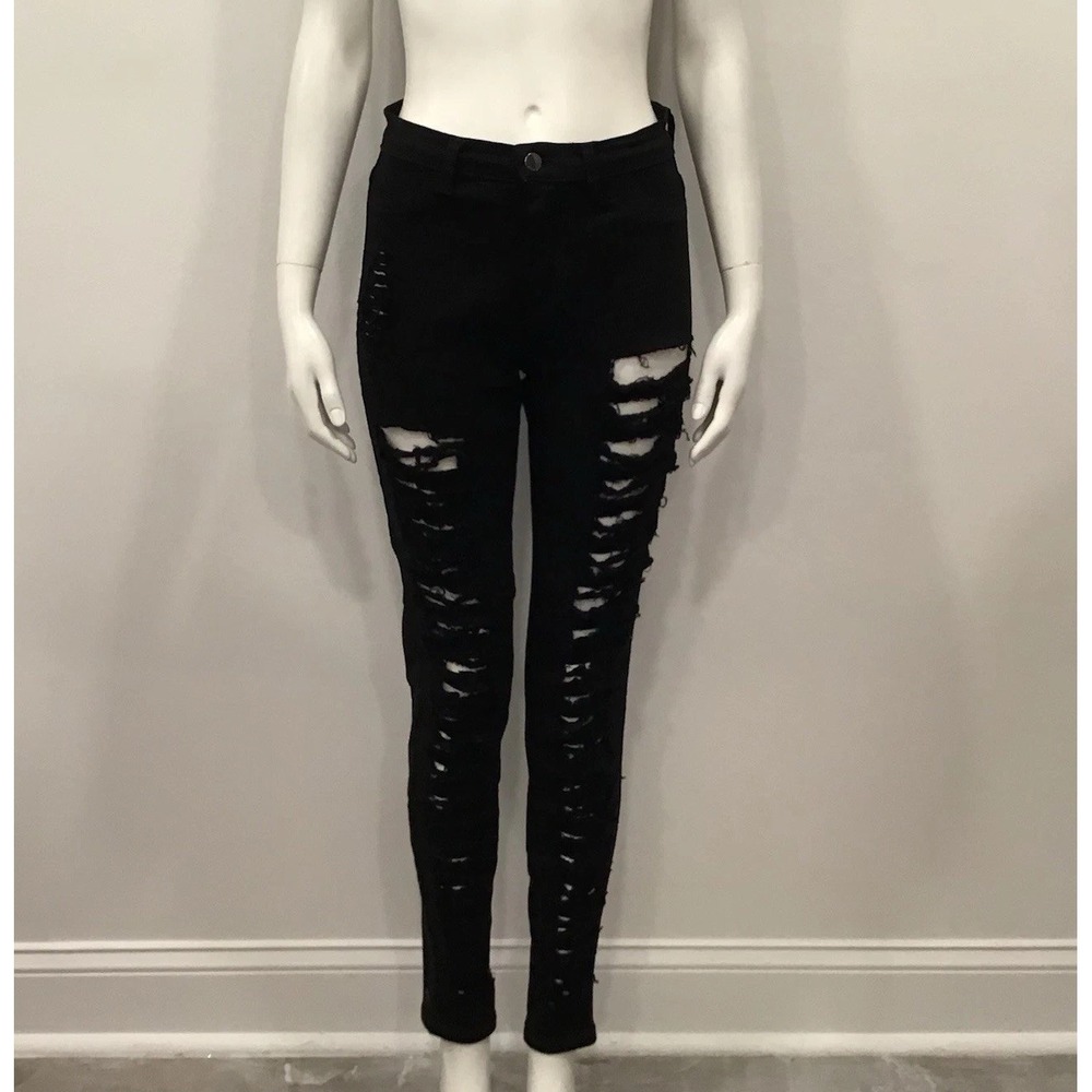 Fashion Nova Womens Black Skinny Jeans Distressed SZ 9 Stretch Goth High Waisted